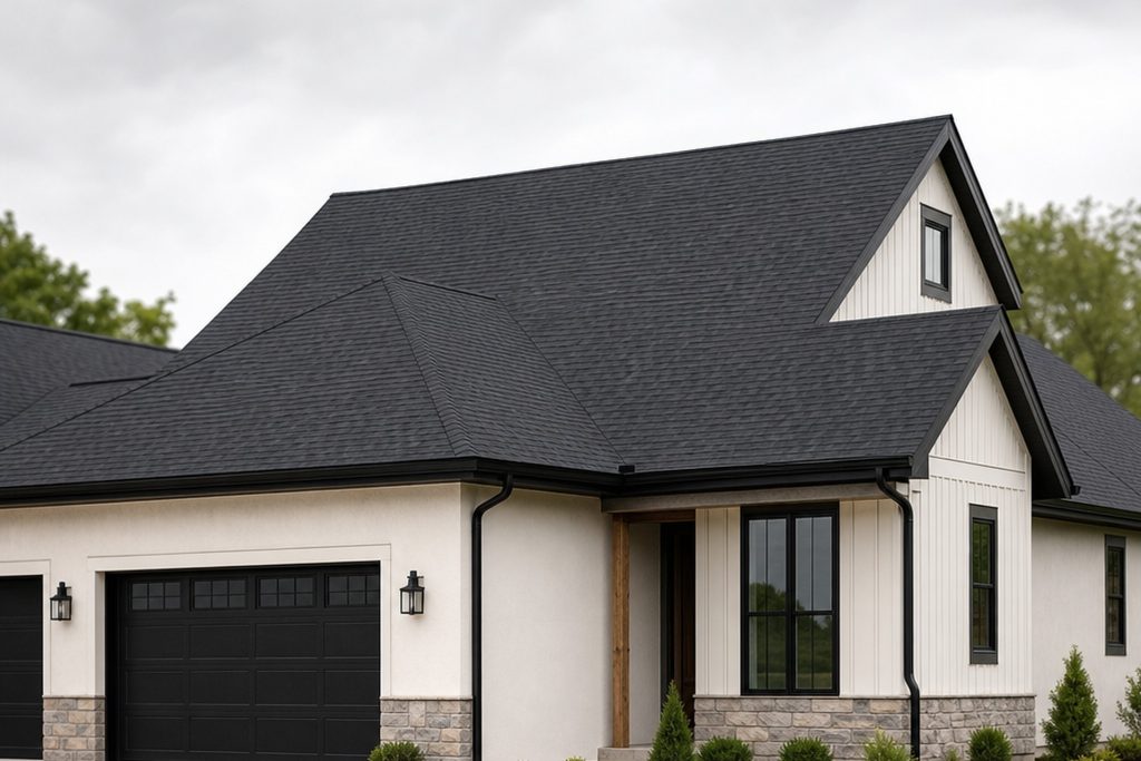 A finished roof on a residential home under clear daylight, shown wide and eye-level